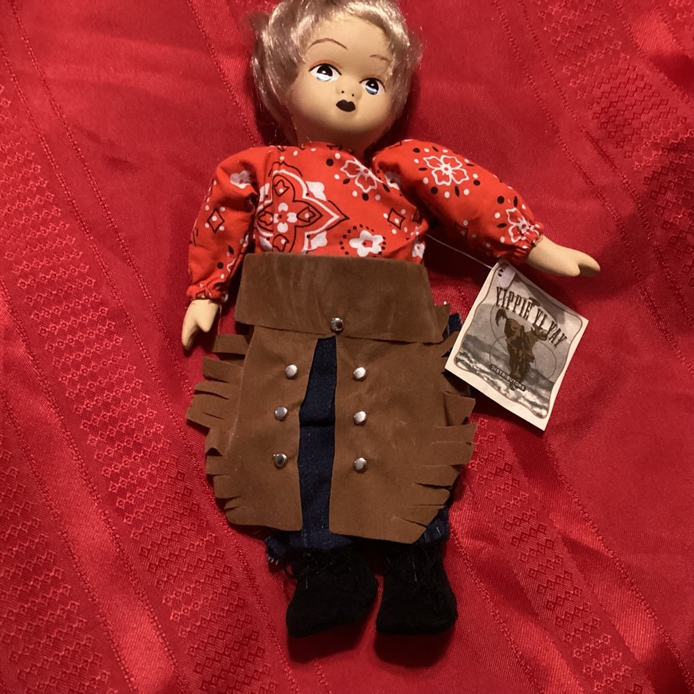 NWTS Yippie Yi Yay blonde cowgirl 10” porcelain head doll red shirt, jeans/chaps